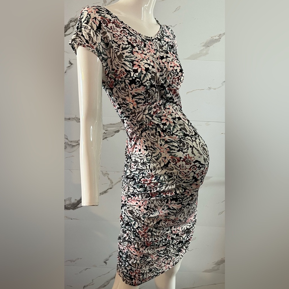 Ripe Maternity Floral White Stretch Midi Dress Ruched Pink & Black Size M